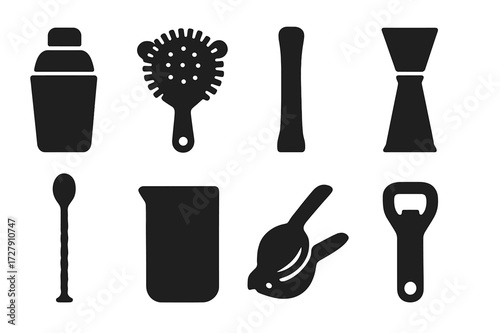 Cocktail Tools Icons. Solid, filled icon set of cocktail tools: shaker, strainer, muddler, jigger, bar spoon, mixing glass, citrus squeezer, bottle opener.