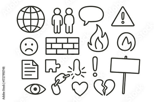Cultural Conflict Symbols. Hand-drawn doodle illustration Cultural conflict globe, people icons, speech bubble, barrier, flame, warning sign, sad face,