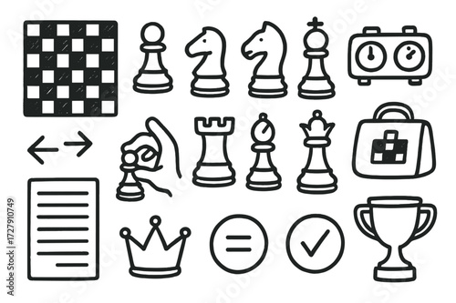 Chess Icons Doodle. Hand-drawn doodle illustration Chessboard squares chessboard, pawn, rook, knight, bishop, queen, king, timer, crown, square move arrows,