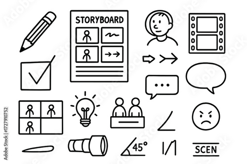Storyboard Elements Doodle. Hand-drawn doodle illustration Storyboarding pencil, paper, film frames, character sketch, speech bubble, sequence