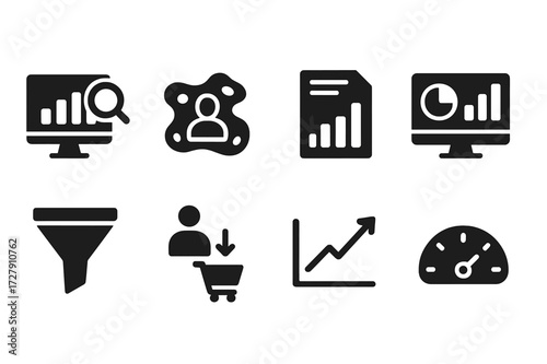 Audience Analysis Icons. Solid, filled icon set of audience analysis tools: analytics, heatmap, report, dashboard, funnel, conversion, trend, KPI. [Line icons