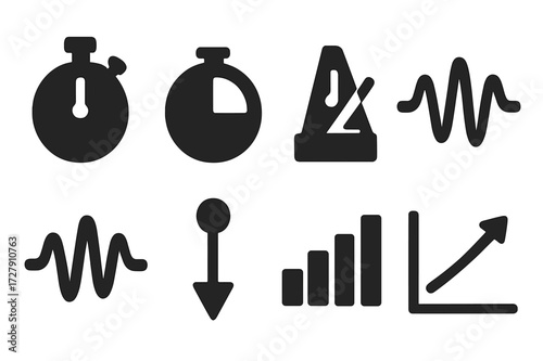 Tempo Icon Set. Solid, filled icon set of tempo tempo measurement: stopwatch, timer, BPM counter, rhythm waveform, sound wave, beat marker, audio spectrum,