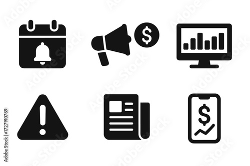 Dividend Tracking Icons. Solid, filled icon set of dividend tracking: calendar reminder, dividend announcement, payout schedule, portfolio tracker, dividend