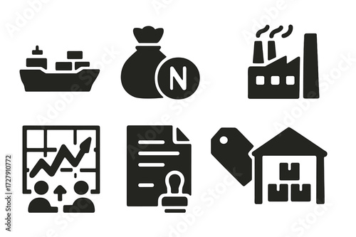 Nickel Trade Icons. Solid, filled icon set of nickel market and trade: cargo ship, money bag, stock chart, factory, contract, price tag, trading floor,