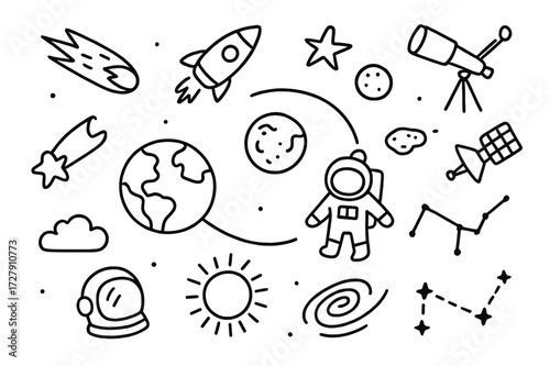 Space Exploration Doodles. Hand-drawn doodle illustration Comet passing Earth comet, Earth, moon, rocket, telescope, orbit line, shooting star, satellite,
