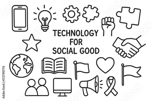 Technology for Social Good. Hand-drawn doodle illustration technology for social good smartphone, light bulb, gears, puzzle piece, star, raised fist,