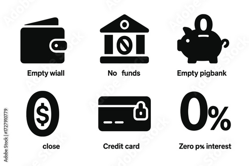 Zero Balance Icons. Solid, filled icon set of zero balance concepts: empty wallet, zero bank account, no funds, empty piggy bank, zero dollar sign, closed