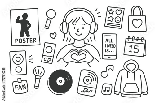Teen Music Obsession. Hand-drawn doodle illustration teen music fan heart hands, poster, headphones, pop star silhouette, speaker, badge, signed CD,