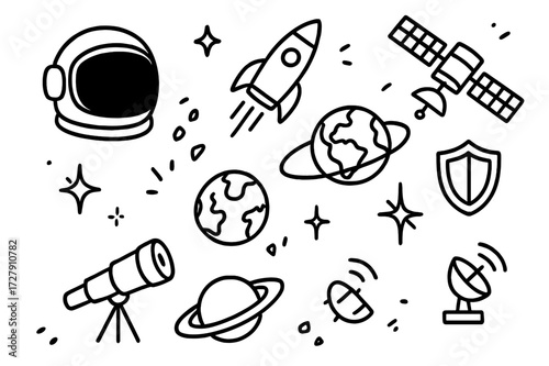 Space Exploration Doodles. Hand-drawn doodle illustration Orbital safety astronaut helmet, rocket, satellite, Earth, orbit path, fragments, star, spark,
