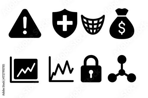 Risk Management Icons. Solid, filled icon set of risk management: warning triangle, insurance shield, safety net icon, emergency fund, risk chart, volatility