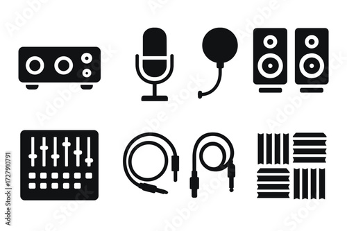 Recording Studio Icons. Solid, filled icon set of recording session equipment: audio interface, condenser microphone, pop filter, studio monitors, mixer,