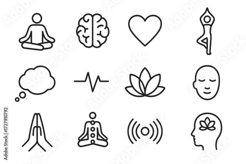 Wallpaper Mural Mind-Body Connection Icons. Mind-body connection. Line icon set of mind-body connection: meditating person, brain, heart, yoga pose, thought bubble, heartbeat Torontodigital.ca