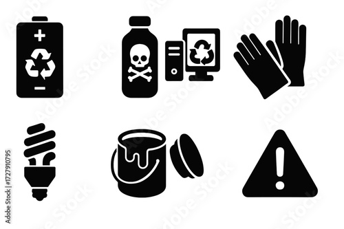 Hazardous Waste Icons. Solid, filled icon set of hazardous waste recycling: battery disposal, chemical container, electronic waste, medical waste, fluorescent