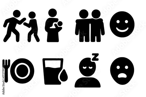 Human Instinct Icons. Solid, filled icon set of human instincts: fight or flight, parental care, social bonding, facial expression, hunger, thirst, sleep, fear