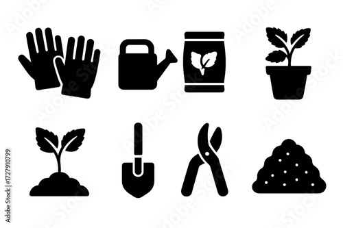 Mint Gardening Icons. Solid, filled icon set of mint gardening and growth: gardening gloves, watering can, seed packet, plant pot, sprouting mint, garden