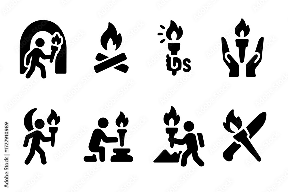 Naklejka premium Torch Use Icon Set. Solid, filled icon set of torch uses: cave exploration, campfire lighting, emergency signal, torch relay, night walking, ritual lighting,