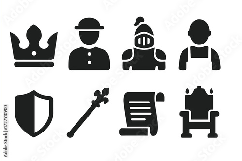 Feudal Hierarchy Icons. Solid, filled icon set of feudal hierarchy: king?s crown, nobleman, knight, serf, heraldry shield, royal scepter, scroll, throne.