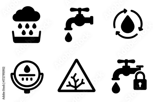Water Conservation Icons. Solid, filled icon set of water conservation: rainwater harvesting, water saving tap, drip irrigation, water recycling, water meter,