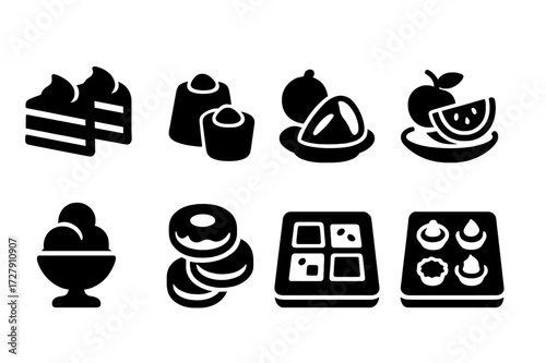 Buffet Dessert Icons. Solid, filled icon set of buffet dessert section: cake slices, pudding cups, cookie tray, fruit platter, brownie tray, ice cream bowl,