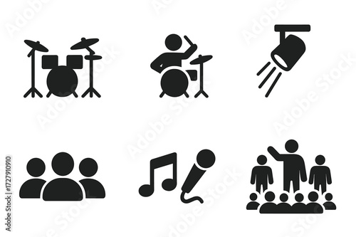 Cymbal Performance Icons. Solid, filled icon set of ride cymbal performance: drum kit, drummer silhouette, stage spotlight, microphone, concert crowd, music