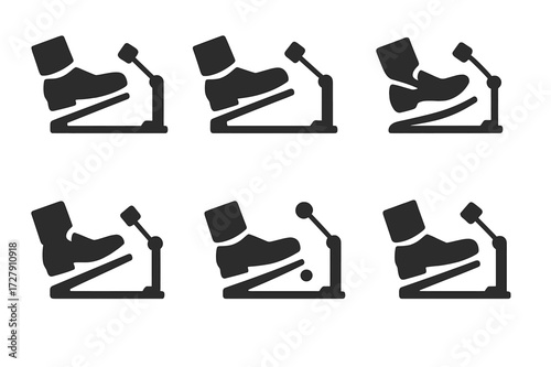 Drumming Techniques Icons. Solid, filled icon set of kick pedal playing techniques: heel down, heel up, slide technique, swivel technique, double stroke,