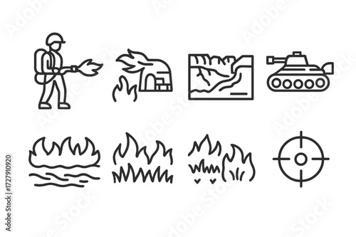 Military Flamethrower Icons. Outline icon set of flamethrower military use: soldier with flamethrower, flame attack, bunker clearing, trench fire, tank