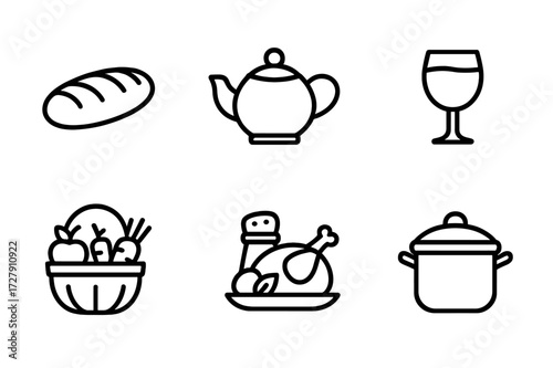 Traditional Food Icons. Outline icon set of traditional food and drink: bread loaf, tea pot, traditional cake, wine glass, harvest basket, spice jar, festival