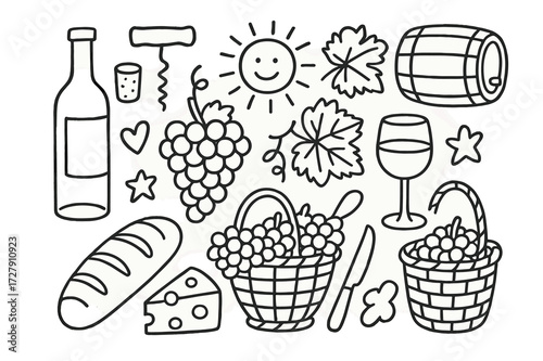 Vineyard Doodle Icons. Hand-drawn doodle illustration Vineyard and wine theme [wine bottle, cork, corkscrew, grapes, vine leaf, glass, barrel, basket, sun,