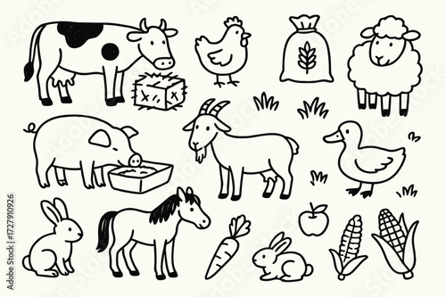 Farm Animal Doodle. Hand-drawn doodle illustration Farm animals feeding cow, hay, chicken, grain sack, pig, trough, goat, sheep, grass, rabbit, carrot, horse,