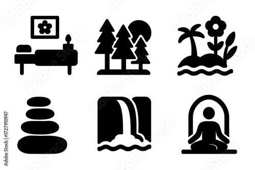 Wellness Icon Set. Solid, filled icon set of wellness environments: spa room, forest, beach, garden, zen stones, waterfall, mountain, yoga studio. Line icons