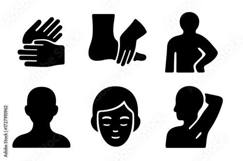 Body Care Icons. Solid, filled icon set of body care focus areas: hands, feet, elbows, knees, back, neck, face, underarms. Solid, filled icons in only black