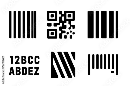 Barcode Icon Set. Solid, filled icon set of barcode formats: vertical bars, square matrix, dots pattern, color bars, numeric code, alphanumeric code, pattern