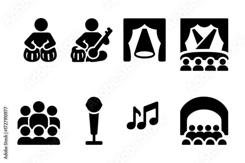 Tabla Performance Icons. Solid, filled icon set of tabla performance: soloist, accompanist, stage, spotlight, audience, microphone, music notes, concert hall.