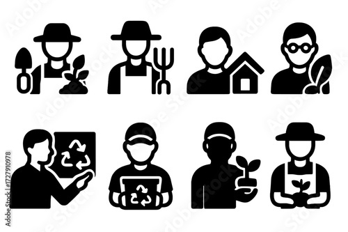 Compost Users Icons. Solid, filled icon set of compost users: gardener, farmer, landscaper, home owner, environmentalist, educator, recycler, urban farmer.