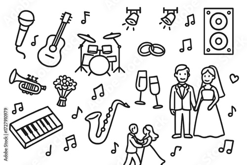 Wedding Band Doodle. Hand-drawn doodle illustration Wedding band performance microphone, guitar, drum set, keyboard, saxophone, trumpet, music notes, wedding