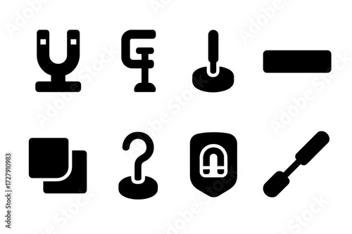 Magnet Accessories Icons. Solid, filled icon set of magnet accessories: magnet holder, magnetic clamp, magnetic base, magnetic strip, fridge magnet, magnetic