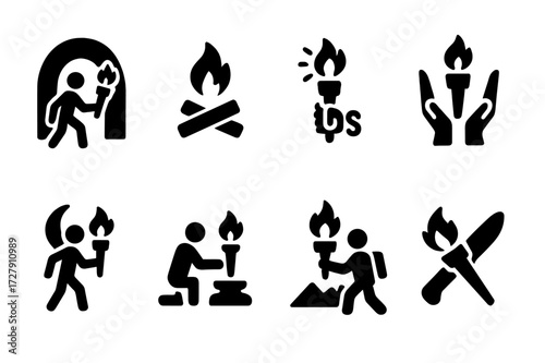 Torch Use Icon Set. Solid, filled icon set of torch uses: cave exploration, campfire lighting, emergency signal, torch relay, night walking, ritual lighting,