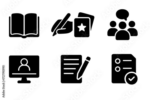 Study Methods Icons. Solid, filled icon set of study methods: reading, writing, flashcards, group discussion, online course, note-taking, mind map, quiz.