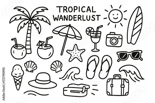 Tropical Vacation Icons. Hand-drawn doodle illustration Tropical wanderlust palm tree, beach umbrella, coconut drink, starfish, seashell, flip flops, cocktail