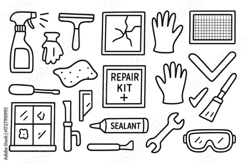 Window Maintenance Icons. Hand-drawn doodle illustration Window maintenance window cleaner spray, squeegee, cracked glass, screen panel, repair kit, dust