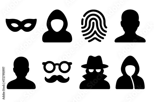 Hidden Identity Icons. Solid, filled icon set of hidden identity: mask, hooded figure, fingerprint, shadowed face, anonymous profile, disguise glasses, secret