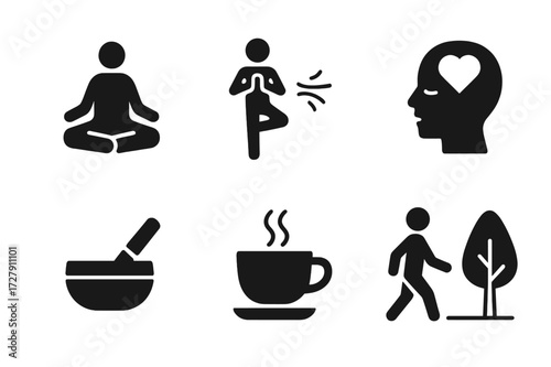 Soothing Rituals Icons. Solid, filled icon set of soothing touch rituals: meditation, yoga, deep breathing, mindfulness, sound therapy, journaling, tea