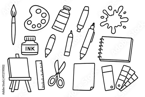 Art Tools Doodle. Hand-drawn doodle illustration [painting tools and supplies] [paintbrush, palette, paint tube, watercolor splash, ink bottle, pencil, pen,