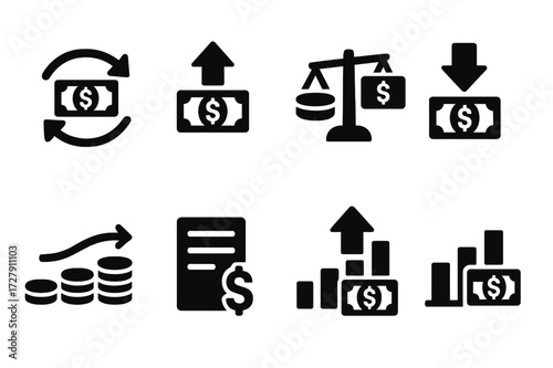 Cash Flow Icons. Solid, filled icon set of cash flow symbols: arrows circling money, income arrow, expense arrow, balance scale, cash stream, budget sheet,