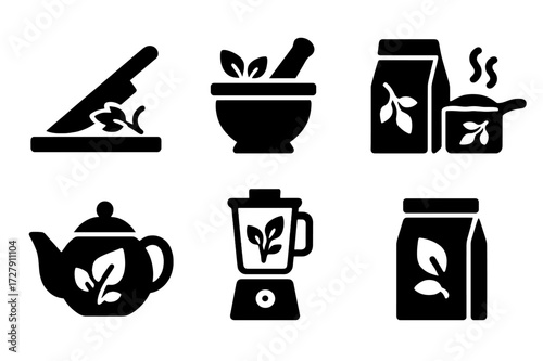 Herb Preparation Icons. Solid, filled icon set of herb preparation: chopping, grinding, drying, boiling, infusing, blending, straining, packaging. Solid,