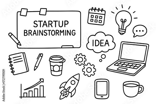 Startup Brainstorm Icons. Hand-drawn doodle illustration [startup brainstorming session] [whiteboard, marker, sticky notes, lightbulb, notebook, pen, laptop,