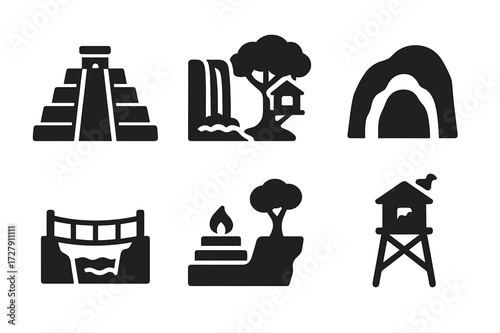 Jungle Landmark Icons. Solid, filled icon set of jungle landmarks: ancient ruins, waterfall, treehouse, cave, river crossing, stone altar, cliff edge, wildlife