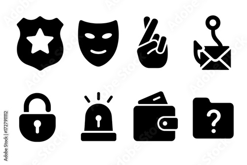 Deceptive Tactics Icons. Solid, filled icon set of deceptive tactics: fake badge, hidden mask, crossed fingers, phishing hook, broken lock, alarm bell, stolen