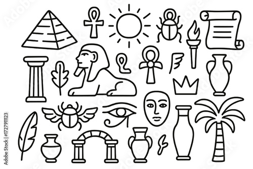 Ancient Egypt Doodle Icons. Hand-drawn doodle illustration Ancient symbols pyramid, sphinx, ankh, scarab beetle, column, sun disc, scroll, torch, vase, mask,
