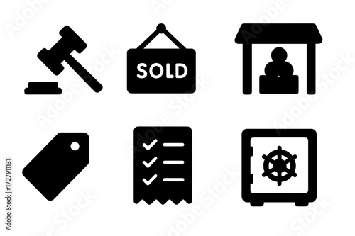 Asset Liquidation Icons. Solid, filled icon set of asset liquidation: auction hammer, sold sign, pawn shop, storage box, price tag, checklist, receipt, bank